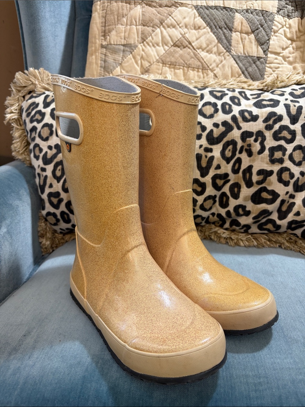 Bogs Kids' Glitter Tan Rain Boots with Built-In Handles